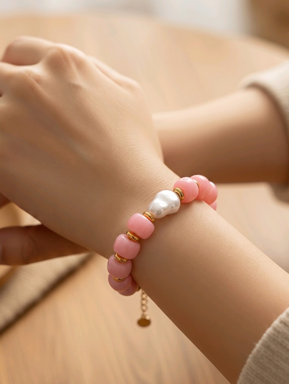 Mayamar Pink Block Resin Bead and Baroque Pearl Bracelet & Gift Bag
